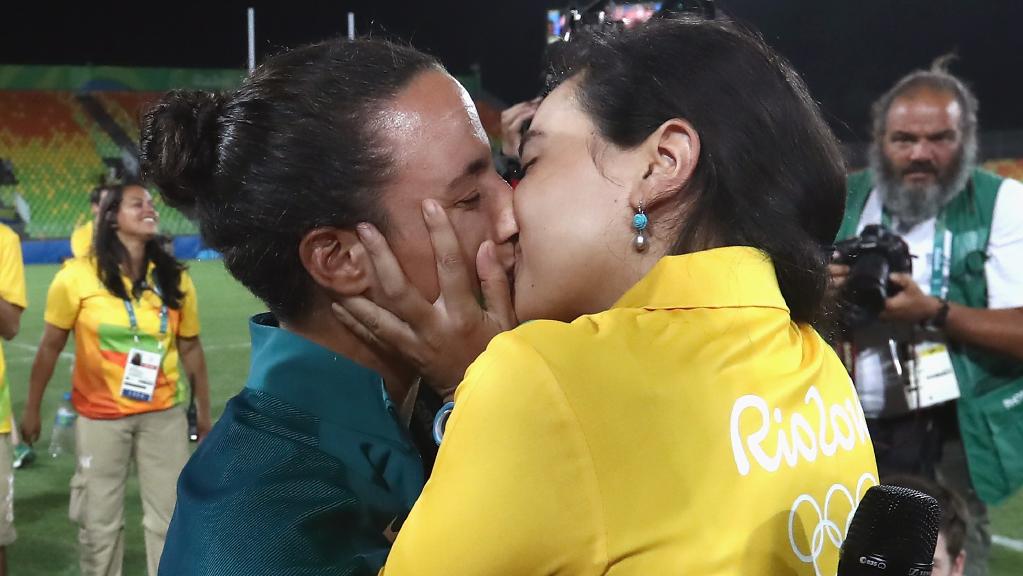 Pictures of Marjorie Enya and rugby player Isadora Cerullo kissing in Rio in week one of the Games warmed hearts across the world. Picture: Alexander Hassenstein/Getty Images